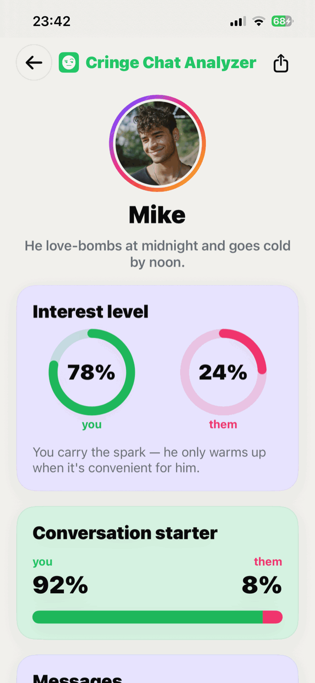 Detailed analysis result with interest level rings and conversation starter stats